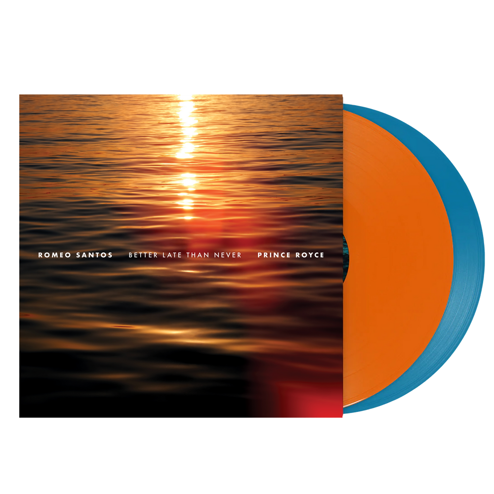 the album cover for Romeo Santos & Prince Royce - Better Late Than Never [Tangerine and Aqua]