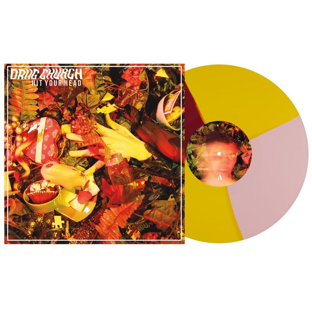 the album cover for Drug Church - Hit Your Head [Indie Exclusive Baby Pink/Canary Yellow/Oxblood Quad]