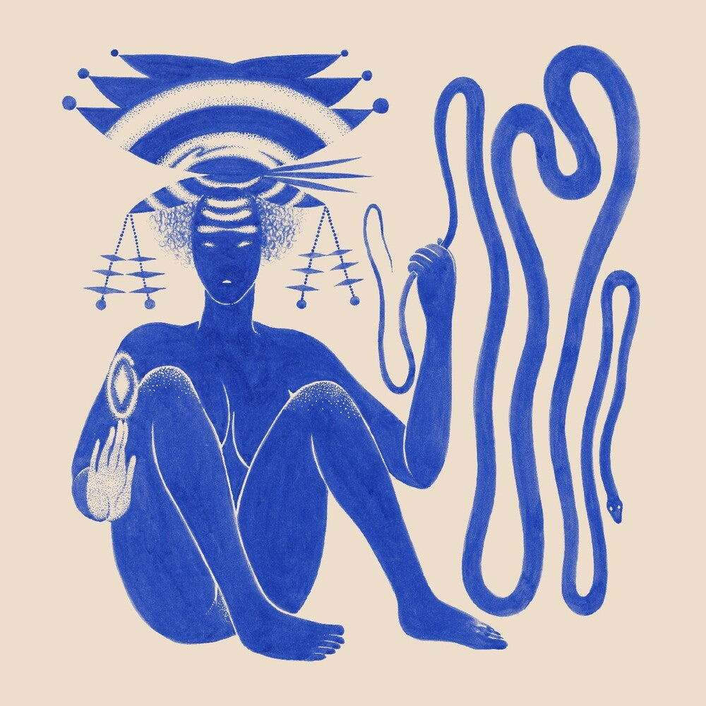 the album cover for Hiatus Kaiyote - Love Heart Cheat Code [INDIE EXCLUSIVE, BLUE & WHITE MARBLED LP]